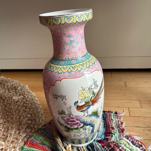 Jingdezhen Chinese Famille Rose Porcelain Vase Exotic Birds 18" Vintage - Picture 12 of 16